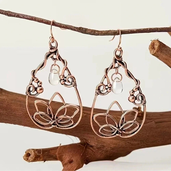 Champagne Lotus Flower Drop Hoop Earrings - Picture 3 of 6